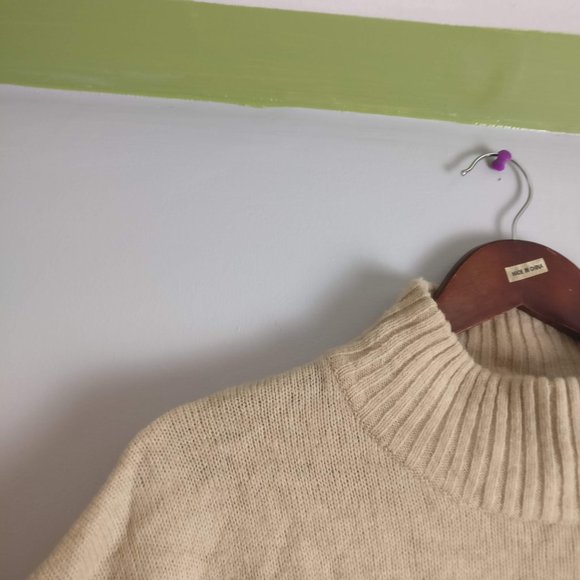 Neutral/Beige Wool Sweater, 100% Lambswool ribbed Knit Long sleeve Sweater, XL - Picture 5 of 7